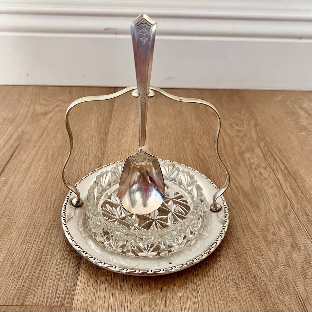 I. F. S England Crystal Relish Candy Dish & Silver Stand & Rogers Spoon Vtg Rare